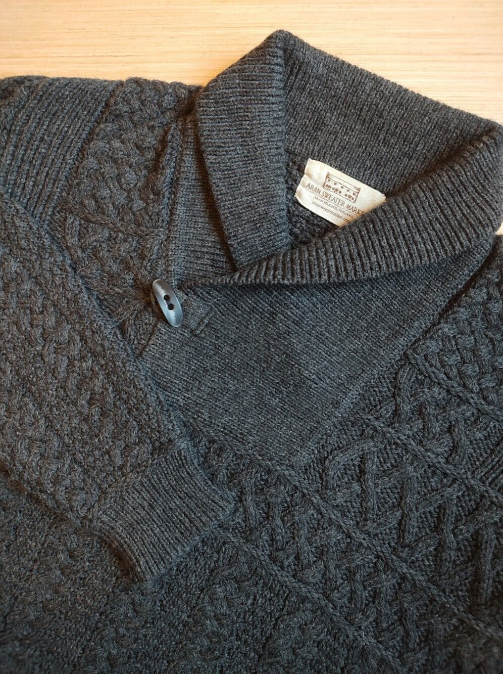 Aran Sweater Market Ireland Fisherman Wool Pullover Grey Chunky XL Shawl Neck